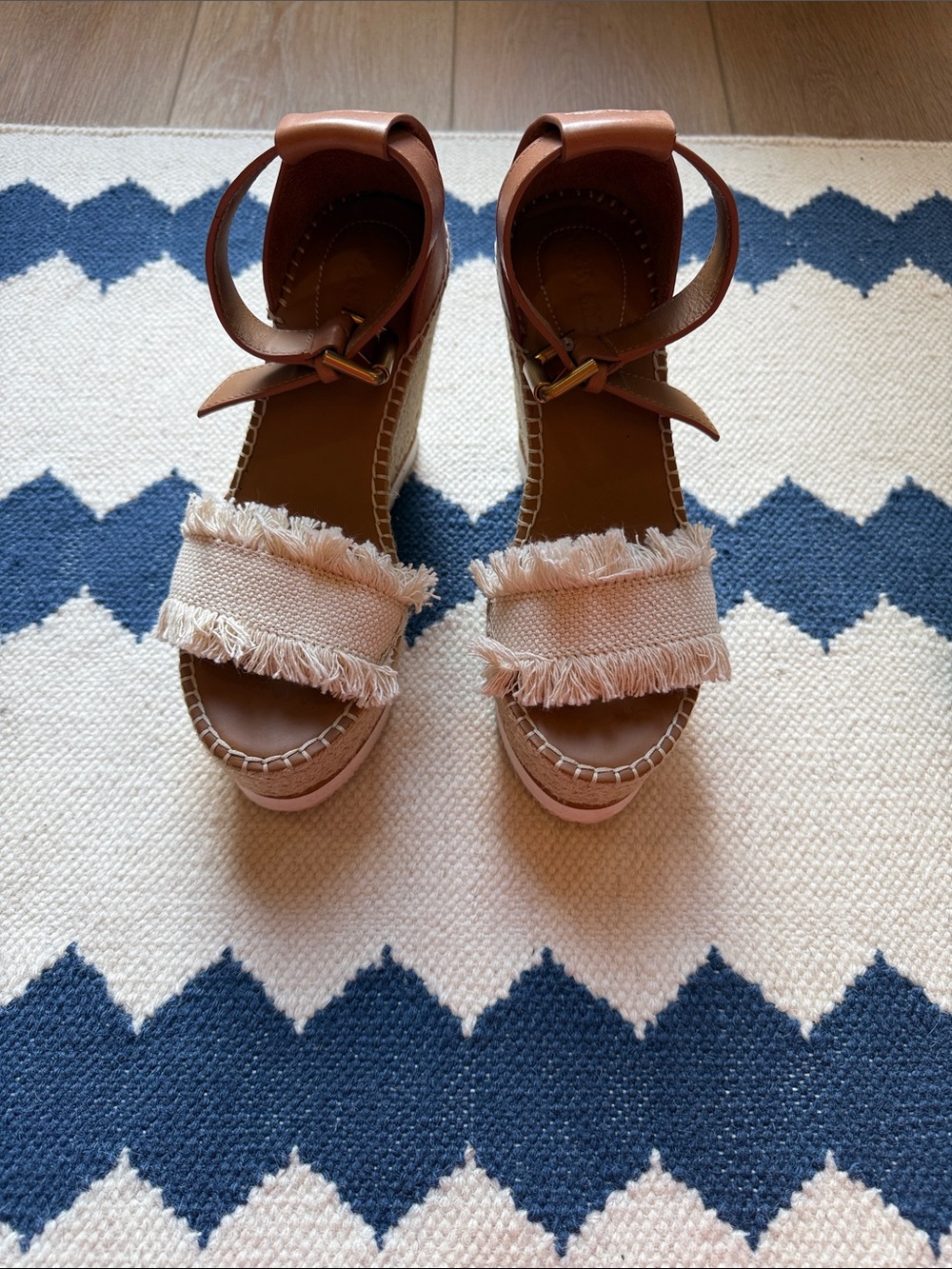 See By Chloe Brown and Cream Fringe Wedge Espadrilles